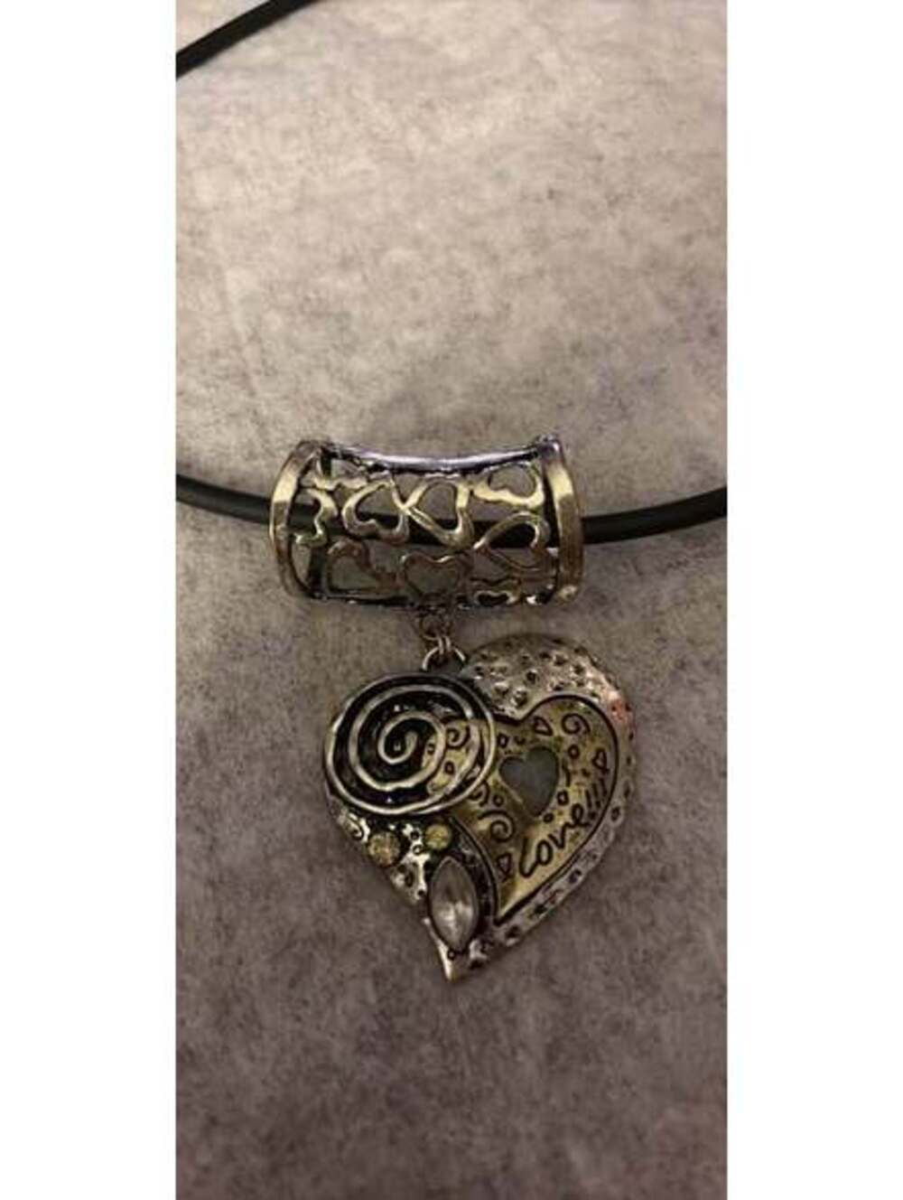 Silver-Toned Heart Pendant "Love" Black Cord Necklace